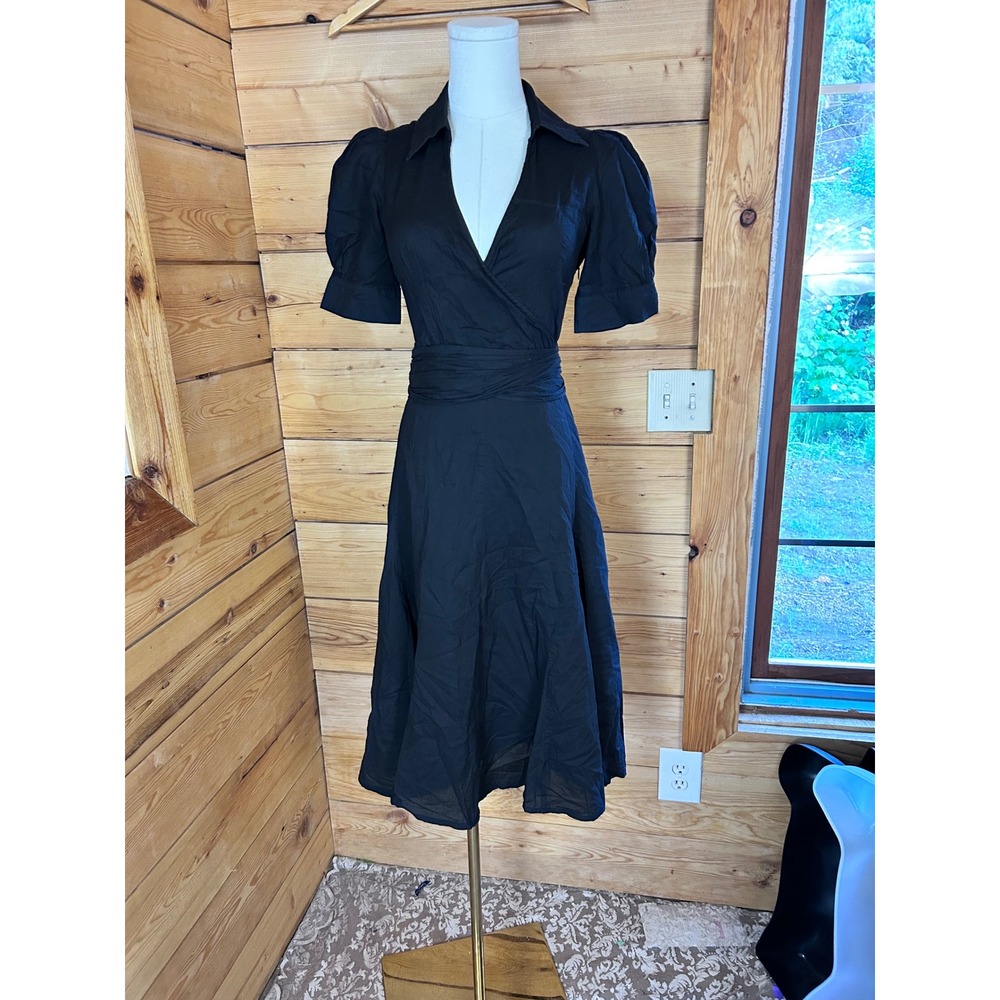Vintage Wrap Midi Dress Womens Small Black Cotton Puff Sleeve Feline Cotage Trad